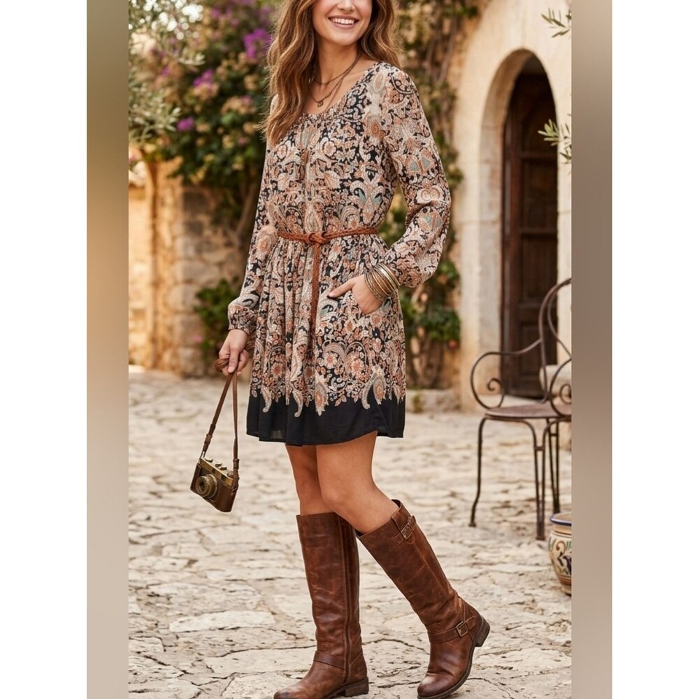 Mithrims Paisley Boho Peasant Size M 100% Rayon Mini Dress Bohemian